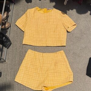 Yellow Tweed Women Shorts Set